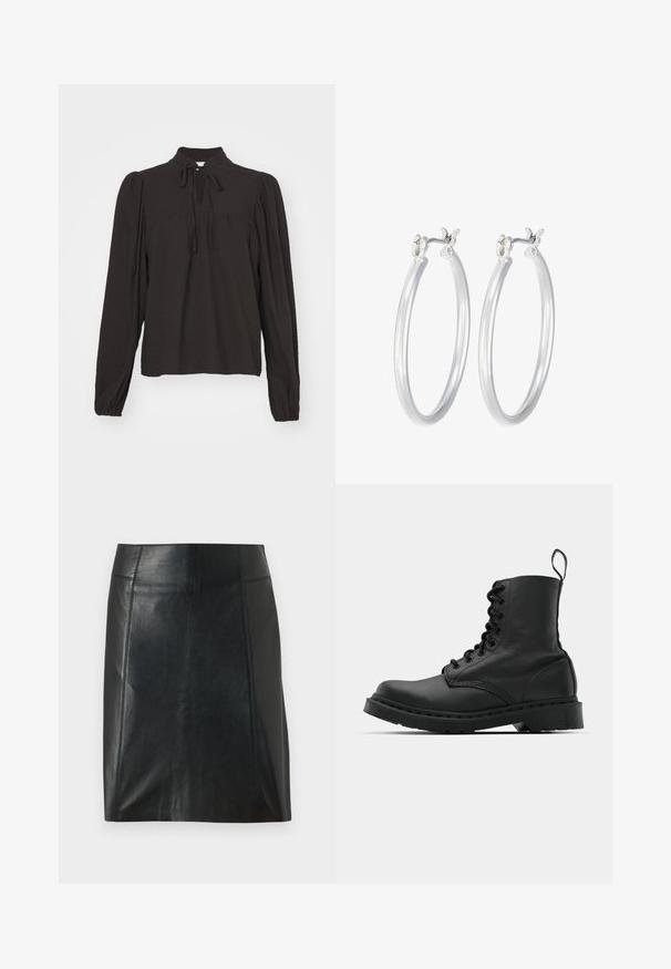Czarna bluzka z długim rękawem i wysokim kołnierzem, z detalem w kształcie otworu na przodzie oraz wiązaniami. Wykonana z fakturowanej tkaniny z lekko marszczonymi rękawami.; Czarna skórzana spódnica o dopasowanym kroju. Gładka tekstura, szwy podkreślające kształt i prosty dół. Minimalistyczny i elegancki wygląd.; Czarne skórzane buty wojskowe z okrągłym noskiem, sznurowanym przodem i pętelką przy kostce. Posiadają grubą gumową podeszwę dla zwiększenia trwałości.; Srebrne kolczyki w formie kółek o gładkim, polerowanym wykończeniu. O okrągłym kształcie i pewnym zapięciu na klik. Lekka konstrukcja odpowiednia do codziennego noszenia.