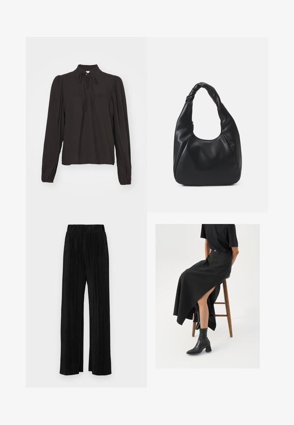 Mustmusts detailiga kõrge kraega must pikad varrukad bluus, millel on esiküljel augukujuline detail ja sidumiseniidid. Valmistatud tekstuursed kangast, mille varrukad on veidi kokku korjatud.; Mustad pleekitud püksid elastse vöökohtaga. Omavad laiad jalad ja sujuvat, tekstureeritud kangast vertikaalsete triipudega.; Must mustriga mustri, kõrge lõhiku ja musta T-särgiga, koos mustade ankle kingadega. Minimalistlik disain, lõtv istuvus.; Must värvi hobo kott, mis on valmistatud siledast nahataolisest materjalist, keeratud käepidemega, pehme ja ümar kuju ning ülemise tõmblukuga sulgur.