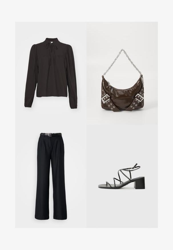 Melna garām piedurknēm blūze ar augstu apkakli, priekšējo atslēgas formu un saitēm. Izgatavota no tekstūrētas auduma ar nedaudz savilktām piedurknēm.; Melni platajiem biksēm, kas izgatavotas no gludas auduma, ir priekšējie locījumi un atbilstošs melns jostasvars ar sudraba sprādzi.; Melna siksnīšu sandale ar kvadrātveida purngaliem un masīlu papēdi, izgatavota no gludas virsmas. Iekļauj regulējamas potīšu siksnas un minimālu aparatūru.; Tumši brūns laku ādas rokas soma ar sudraba ķēdes siksnu, dekoratīviem dubultiem jostām un rāvējslēdzēja aizdari.