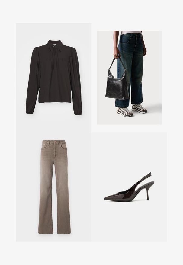 Schwarze Bluse mit langen Ärmeln und hohem Kragen, mit detailierter Aussparung vorne und Bindebändern. Hergestellt aus strukturiertem Stoff mit leicht gerafften Ärmeln.; Braune hoch taillierte Straight-Leg-Jeans mit vorderem Knopf, Gürtelschlaufen und klassischem Fünf-Taschen-Design auf weißem Hintergrund.; Slingback-Pumps aus glänzendem dunklen braunen Lackleder, mit spitzer Zehenpartie, offenen Seiten und verstellbarem Knöchelriemen.; Schwarze Leder-Schultertasche mit glatter Textur und verstellbarem Riemen, kombiniert mit ausgewaschenen weit geschnittenen Jeans und sportlichen Sneakern.