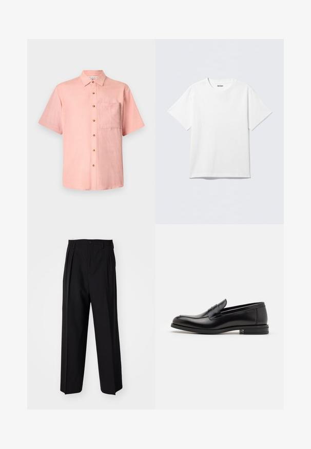 Lyhythihainen paita vaaleanpunaisena, valmistettu pellavasta, jossa on napitettava etuosa ja rintatasku. Luonnonpuusta valmistetut napit korostavat muotoilua.; Valkoinen lyhythihainen T-paita, joka on valmistettu puuvillasta. Paidassa on pyöreä pääntie ja rento istuvuus. Kangas on sileää ja tasaista.; Mustat laskostetut housut, joissa on suora, leveä lahje. Valmistettu sileästä kankaasta, jossa on nappisuljenta ja vyölenkit.; Mustat nahkakengät, joissa on sileä pinta, pyöreä kärki ja koristeellinen nauha jalkapöydän yli. Matala pinoitu koroke, minimalistinen muotoilu.