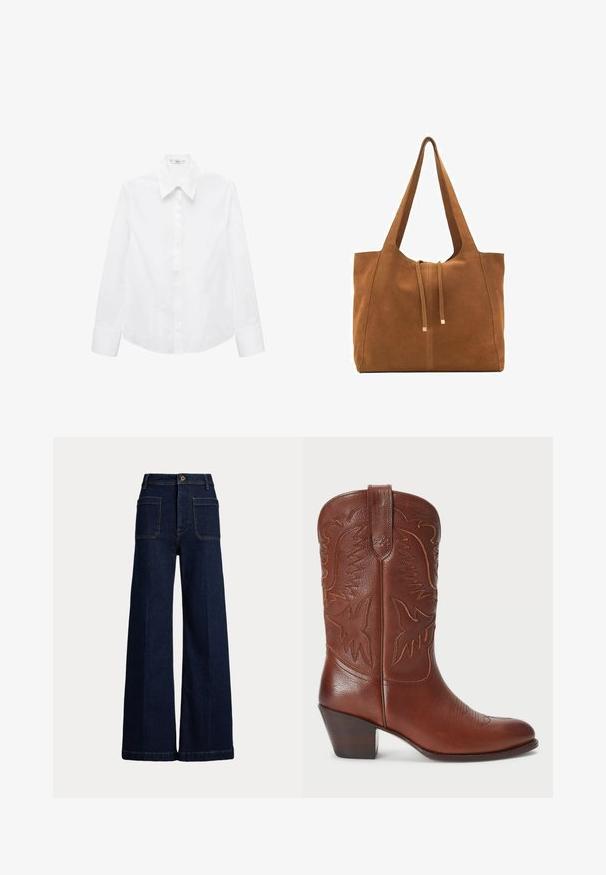 Hvid langærmet skjorte lavet af glat stof, med spids krave, knaplukning foran og afrundet kant med sideslidser.; Bredde ben mørkeblå denimjeans med høj talje, fem lomme-design og kontrasterende syninger. Har knaplukning og en struktureret form.; Brun læder cowboystøvle med spidse tæer, prægede vestlige design og en stablet hæl. Har syninger og en glat tekstur.; Brun ruskinds-tote med to lange stropper, snørelukning og minimalistisk design. Glat tekstur og ingen synlige hardware-detaljer.