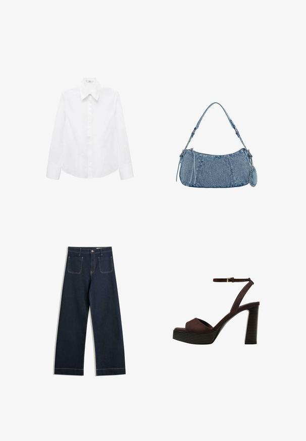 Hvid langærmet skjorte lavet af glat stof, med spids krave, knaplukning foran og afrundet kant med sideslidser.; Mørkeblå vide jeans lavet af denim med kontrasterende beige syninger, to baglommer og en knaplukning i taljen.; Brune ruskinds højhælede sandal med åben tå, justerbar ankelrem og en stribet plade sål.; Denim håndtaske med buet form, lyseblå farve, justerbar skulderrem og en lille aftagelig pung med metalliske detaljer.