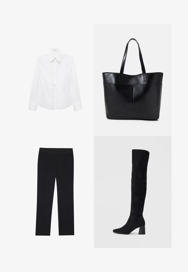 Hvid langærmet skjorte lavet af glat stof, med spids krave, knaplukning foran og afrundet kant med sideslidser.; Sorte bukser med lige ben-design, der har sidelommer og en glat tekstur. Minimalistisk detaljering, ren livvidde.; Sorte ruskind støvler i knæhøjde med blokheel, spids tå og glat, sømløs design på en enkel lys baggrund.; Sort læder tote taske med to lange håndtag, en glat tekstur og en struktureret form. Har en forlommem for ekstra opbevaring.