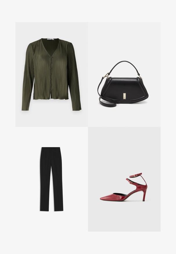Samsøe Samsøe UMA BLOUSE - Camicia - forest night; Pantaloni neri su misura con un design a gamba dritta, dotati di tasche frontali e un tessuto liscio e strutturato. Dettagli ordinati e minimalisti.; Scarpa con tacco alto a punta rossa lucida, dotata di due cinturini alla caviglia e fibbie dorate, mostrata in profilo su uno sfondo bianco uniforme.; Borsa a mano in pelle nera con un design strutturato, caratterizzata da una forma corta, manico superiore e accessori in metallo dorato. Inclusa tracolla regolabile.