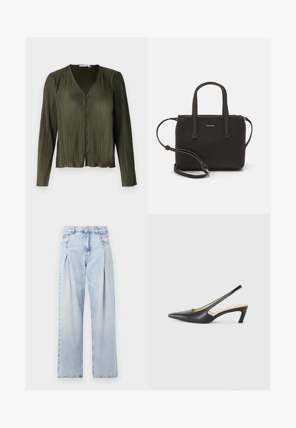 Samsøe Samsøe UMA BLOUSE - Bluza z gumbi - forest night; Svjetloplave traperice visoko struka, širokog kroja, s dva bočna djepa i naboranim dizajnom. Mekana tekstura s izblijedjelim završetkom.; Črne čevlje s koničastimi nosovi in slingback obliko z nizko peto, izdelane iz gladke usnjene materiale ter s črtasto zasnovo na strani za prezračevanje.; Črna torbica z dvema kratkima ročajema in odstranljivim naramnim trakom. Gladek usnju podoben material z zadrgo in podrobnostmi z logotipom.