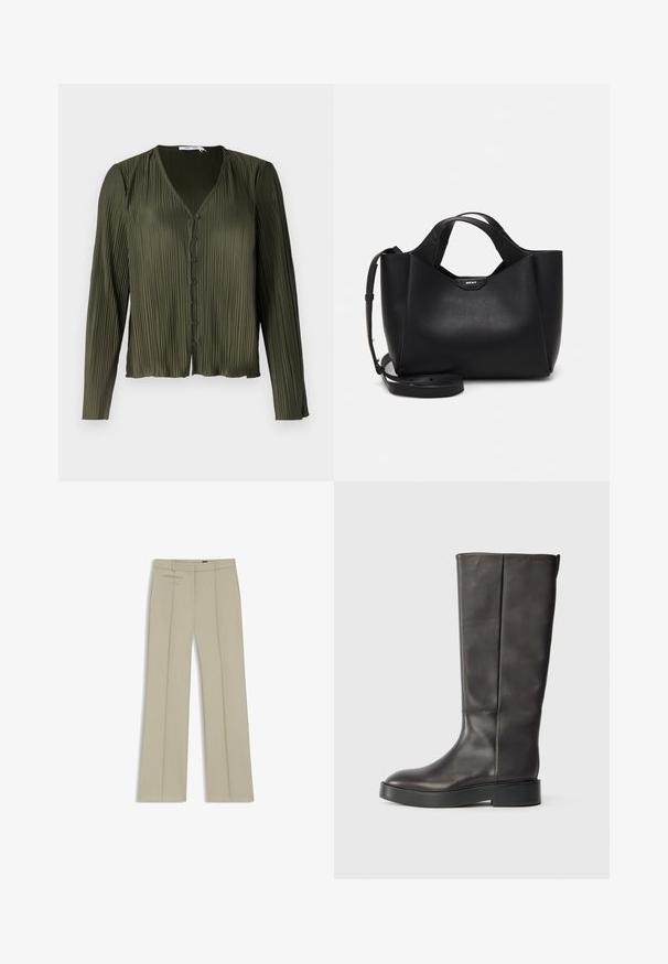 Samsøe Samsøe UMA BLOUSE - Hemdbluse - forest night; Beige maßgeschneiderte Hosen mit weitem Bein, vorderen Falten, zwei horizontalen Seitentaschen und einem glatten, leicht strukturierten Stoff.; Schwarze knöchelhohe Lederstiefel mit dicker Sohle und dezentem Calvin Klein Logo nahe der oberen Kante, seitlich gezeigt.; Schwarze Lederhandtasche mit strukturiertem Finish, eckiger Form, doppelten Griffen und einem verstellbaren Schultergurt. Mit einem DKNY Logo-Akzent.