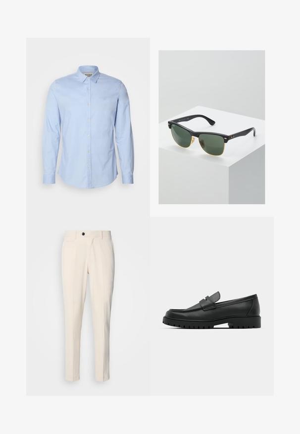 Šviesiai mėlyna medvilninė ilgomis rankovėmis marškiniai su sagų apykakle, priekinėmis sagomis ir subtiliu logotipu išsiuvinėtu ant krūtinės.; Bežinės pritaikytos kelnės su plokščiu priekiu, vienu mygtuku ir dviem įstrižomis šoninėmis kišenėmis. Lygus audinys, siauras kirpimas ir siaurėjančios kojos.; Juodi odiniai loaferiai su apvalia nosimi, su siuvinėtu dizainu, žemu platformos padu ir tekstūruotu, sukibimo raštu padu.; Ray-Ban saulės akinių žaliais objektyvais, juodais plastikiniais rėmeliais ir auksinėmis detalėmis ant kraštų. Kvadratinė forma su matinio paviršiaus apdaila.
