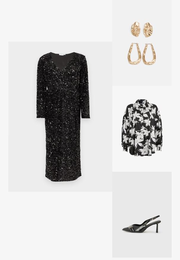 Camicia a bottoni floreale in bianco e nero con colletto a punta, maniche arricciate e tessuto morbido. Presenta grandi motivi floreali.; Abito nero di paillettes con maniche lunghe, scollatura a V profonda e design alla caviglia. La texture scintillante aumenta l'interesse visivo.; Scarpa slingback in vernice nera con punta affusolata, cinturini alla caviglia con fibbie in argento e accessori, e tacco sottile.; Borsa a mano metallica dorata con un design strutturato, superficie liscia e tracolla regolabile. Presenta una forma triangolare unica e cuciture minimaliste.; Orecchini in tono oro caratterizzati da forme ondulate eTexture. Comprendono chiusure clip-on scultoree e un design a cerchio aperto con finitura martellata.