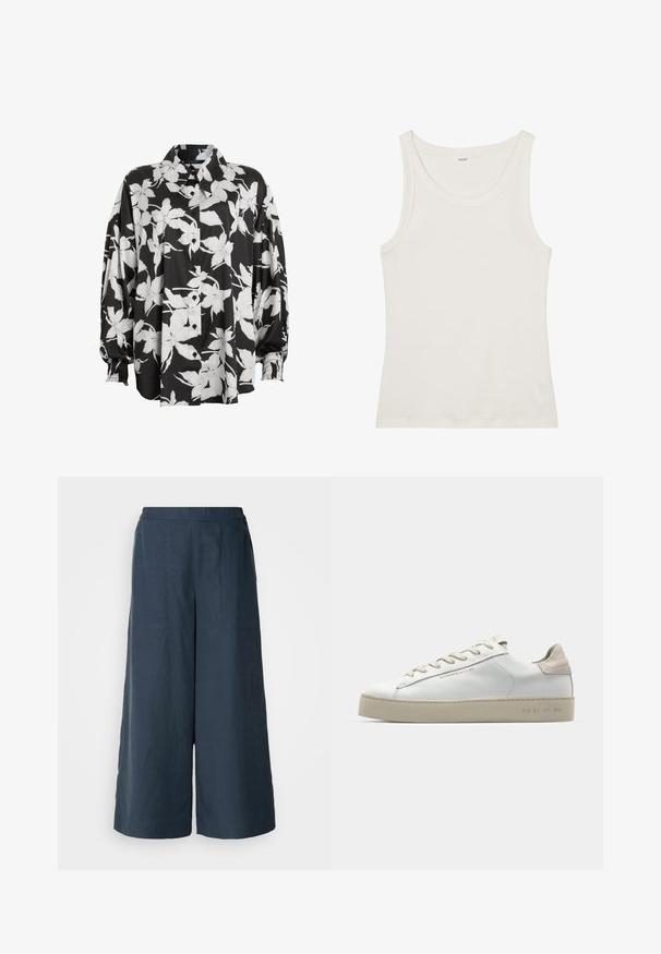 Black and white floral button-up shirt with a spread collar, gathered sleeves, and smooth fabric texture. Features large flower patterns.; White cotton tank top with a wide neckline and thin shoulder straps. Smooth texture with no visible patterns or embellishments.; Wide-leg trousers in navy blue, made from lightweight fabric. Features a slightly textured surface, elastic waistband, and front seams.; White leather sneaker with a smooth finish, beige suede accents, round toe, flat lace-up design, and a textured rubber sole.
