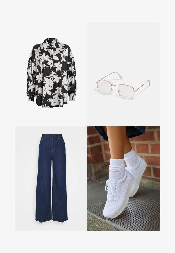 Black and white floral button-up shirt with a spread collar, gathered sleeves, and smooth fabric texture. Features large flower patterns.; High-waist wide-leg dark blue denim jeans with front and back pockets, button closure, and visible stitching details.; White canvas sneakers with rubber soles, featuring six eyelets, round toe, and light stitching details, paired with white ankle socks.; Rectangular eyeglasses with a thin, rose gold metal frame. Clear lenses, transparent temple tips, and delicate detailing around the lenses.