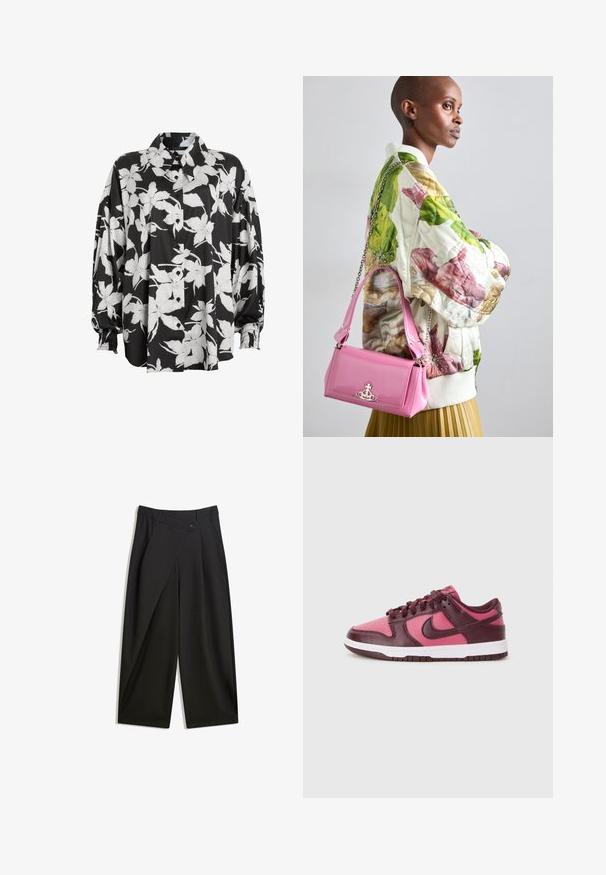 Črno-bela cvetna srajca s širšim ovratnikom, zbrano blago in gladko teksturo. Ima velike cvetlične vzorce.; Črne široke hlače iz gladkega blaga. Imajo sprednji zavihek, gumbasto zapiranje in prirejeno pasnico za eleganten videz.; Nike Dunk Low teniske imajo mešanico temno rožnate in burgundske usnjene površine. Oblikovanje vključuje belo srednjo podplat in perforirano konico za zračnost.; Quiltana bomber jakna s cvetnim vzorcem v zeleni, roza in bež barvi; v kombinaciji z sijočo roza torbico z verižnim ročajem in logotipom.