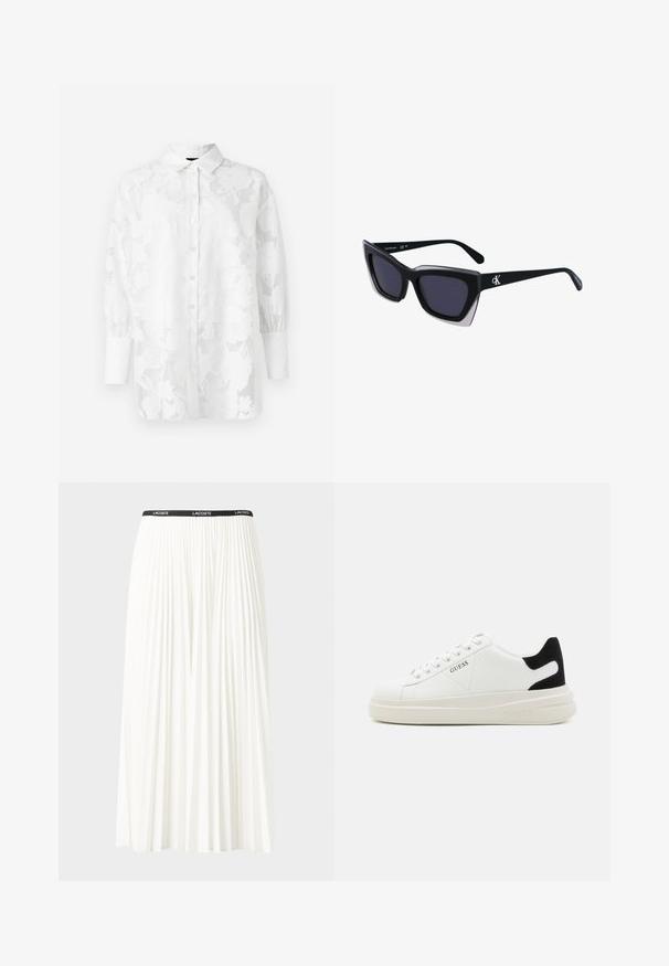 Weißes Langarmshirt mit floralem Spitzenmuster, Knopfleiste und umgeschlagenen Ärmeln. Transparente Textur mit einem weichen Finish.; Faltenrock aus Weiß mit einem schwarzen elastischen Bund, der das "LACOSTE"-Logo trägt. Mittellanges Design mit weicher Textur.; Weiße Leder-Sneaker mit einer dicken weißen Sohle, schwarzem Wildlederakzent an der Ferse und geprägtem Logo an der Seite. Schnürdesign mit sechs Ösen.; Schwarze übergroße Sonnenbrille mit geometrischer Form, ausgestattet mit dunklen Gläsern und einem kontrastierenden grauen Detail im Rahmen. Logo am Bügel.