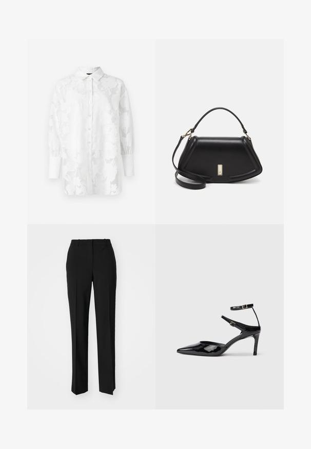 Valkoinen pitkähihaisia paita, jossa on kukkakuvioinen pitsimäinen rakenne, nappikiinnitys edessä ja hihansuut käännettynä. Läpikuultava materiaali pehmeällä pinnalla.; Mustat räätälöidyt housut suoraa lahjetta, joissa on sileä pinta ja terävät taitteet edessä. Ei näkyvää metalliosaa.; Mustat lakatut korkokengät, joissa on terävä kärki, säädettävät nilkkahihnat ja hoikka korko. Suora pinta, joka näyttää kiiltävältä.; Mustalla nahkalaukulla, jossa on jämäkkä muotoilu, lyhyt malli, yläkahva ja kultaiset yksityiskohdat. Säädettävä olkahihna sisältyy.
