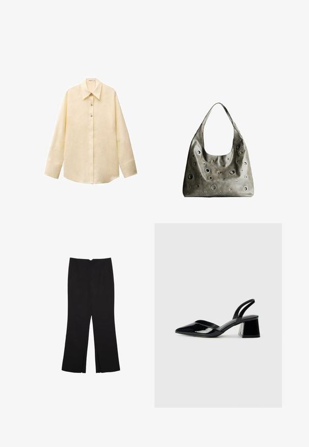 Camicia di lino giallo chiaro con colletto a punta, maniche lunghe, chiusura frontale con bottoni e orlo leggermente curvo. Tessuto testurizzato.; Pantaloni neri a gamba dritta, con tasche frontali e spacchi laterali all'orlo. Realizzati in tessuto morbido e liscio. Adatti a diverse occasioni.; Décolleté in vernice nera con punta affusolata e tacco in geometria cubica. Presentano un design elegante e minimalista, con una texture liscia.; Borsa a tracolla in pelle verde oliva con un design morbido, caratterizzata da tagli circolari di diverse dimensioni e dettagli in tonalità più scure e più chiare.