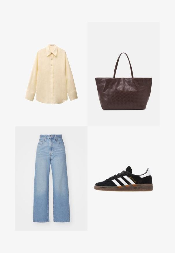 Lichtgele linnen shirt met een puntkraag, lange mouwen, knoopsluiting aan de voorkant en een iets gebogen zoom. Geweven stof.; Lichtblauwe high-waist wijde jeans met een knoop- en ritssluiting aan de voorkant, voor- en achterzakken, op een witte achtergrond.; Zwarte Adidas sneaker met witte strepen, gouden "Spezial" tekst, gumzool en witte hieltab, weergegeven in zijaanzicht.; Bruine gevlochten leren tote bag met twee handvatten, een gestructureerde vorm en een getextureerd oppervlak, met een diamantpatroon overal.