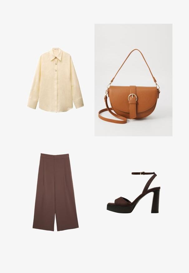 Helles gelbes Leinenhemd mit spitzem Kragen, langen Ärmeln, Knopfleiste und leicht abgerundetem Saum. Strukturierten Stoff.; Braune Weite-Leg-Hosen mit einer glatten Textur, hoher Taille und Vorderfalten. Der Stoff ist leicht und fällt locker.; Braune Wildleder-Pumps mit offenem Zeh, verstellbarem Knöchelriemen und gestreiftem Plateausohlen.; Braune Leder-Crossbody-Tasche mit geschwungener Form, goldfarbenen Beschlägen und einer Schnallenakzentuierung. Verfügt über einen abnehmbaren Schultergurt.
