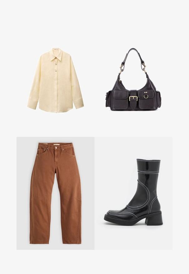 Helles gelbes Leinenhemd mit spitzem Kragen, langen Ärmeln, Knopfleiste und leicht abgerundetem Saum. Strukturierten Stoff.; Rostbraune gerade geschnittene Jeans mit Vorder- und Hintertaschen, Metallnieten, Knopfverschluss und Gürtelschlaufen, flach auf einem weißen Hintergrund ausgelegt.; Schwarze Lackleder-Ankle Boots mit weißen Nähten, abgerundeter Zehe und Blockabsatz. Besitzt geschwungene Designlinien und eine glatte Textur.; Dunkle Lederhandtasche mit zwei Vorderfächern, einer zentralen Schnalle und goldfarbenen Beschlägen. Glatte Textur mit einer gewölbten Silhouette.