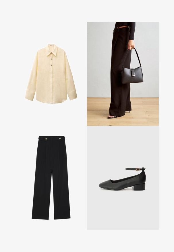 Světle žlutá lněná košile s špičatým límcem, dlouhými rukávy, zapínáním na knoflíky vpředu a mírně zakřiveným lemem. Texturovaná tkanina.; Černé široké kalhoty s vysokým pasem, detailní knoflíky na pase a přední záhyby.; Černé kožené lodičky s špičatou špičkou a nízkým blokovým podpatkem. Obsahují pásek kolem kotníku se zlatou sponou. Hladký povrch.; Černá kabelka se strukturovaným tvarem, hladkým povrchem a kovovým uzávěrem. Kombinována s širokými černými kalhotami a sandály s otevřenou špičkou na dřevěné podlaze.