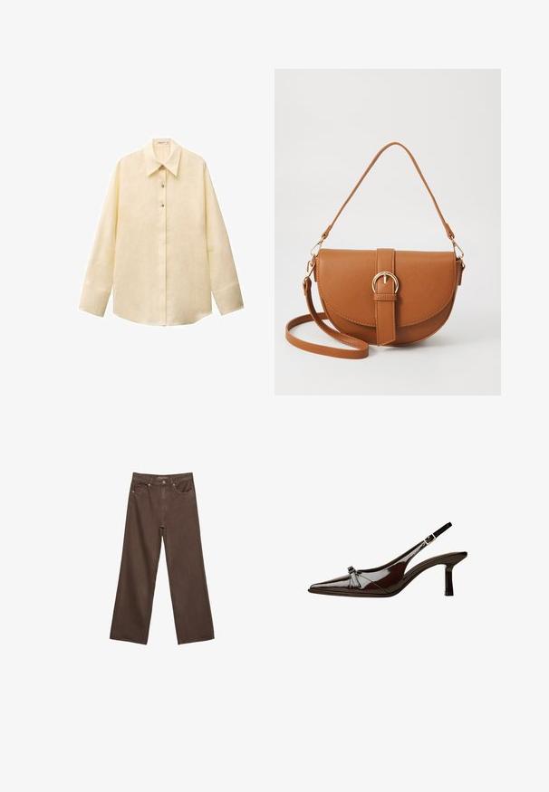 Svetlo rumena lanena srajca s uskim ovratnikom, dolgimi rokavi, gumbom spredaj in rahlo ukrivljenim robom. Teksturirana tkanina.; Široke rjave kavbojke iz denima, ki imajo visok pas, sprednje žepe in klasično zapiranje na gumb. Gladka tekstura s subtilnim šivom.; Rjave lakirane slingback čevlje z oglatim nosom, nizko peto in dekorativno pentljo na sprednji strani. Gladka, sijoča tekstura.; Rjava usnjena torbica prek telesa s ukrivljeno obliko, zlate opreme in sponko. Ima odstranljiv naramni trak.