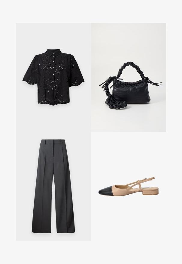 Black short-sleeve shirt featuring eyelet embroidery, scalloped hem, and button closure. Lightweight fabric with floral cut-out patterns.; Wide-leg trousers in dark gray fabric, featuring a high waist, single pleats, and a smooth texture with a clean finish at the hems.; Beige and black two-tone slingback shoe with a pointed toe, flat heel, and crisscross strap detail. Smooth leather texture.; Black faux leather handbag with a crocodile texture, cinched top, and a scrunched strap. Appears soft and compact in design.