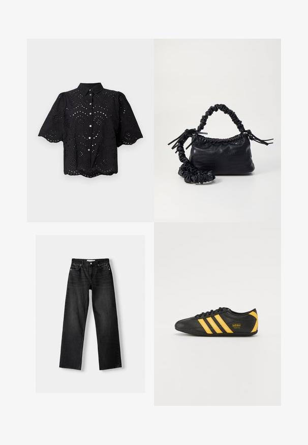 Black short-sleeve shirt featuring eyelet embroidery, scalloped hem, and button closure. Lightweight fabric with floral cut-out patterns.; Bershka Straight leg jeans - mottled dark grey; Black leather athletic shoe with yellow three-stripe design, rounded toe, black laces, and small logo on the side. Low-profile silhouette.; Black faux leather handbag with a crocodile texture, cinched top, and a scrunched strap. Appears soft and compact in design.