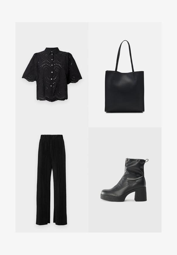 Fekete, rövid ujjú ing, szemcsés hímzéssel, fodros szegéllyel és gombos záródással. Könnyű anyag, virágmintás kivágásokkal.; Fekete pliszírozott nadrág gumis derekkal. Széles lábakkal rendelkezik, sima, texturált anyagból készült, függőleges csíkokkal.; Fekete bokacsizmák sima bőrből, oldalsó cipzárral, vastag, texturált sarkú és lekerekített orrú dizájnnal.; Fekete bőrtáska sima felszínnel, téglalap alakú, két hosszú füllel. Nincs látható fémkiegészítő vagy díszítés.