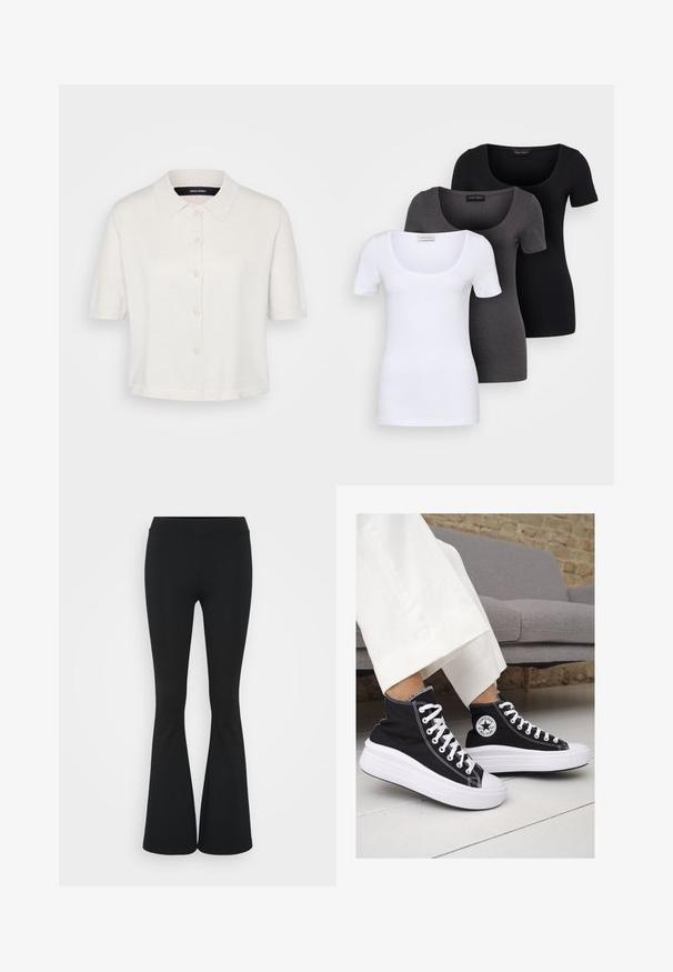 Short-sleeve white knit blouse with a collared neck and button front. Soft texture and a loose fit, featuring subtle sheen.; Three fitted T-shirts in white, gray, and black. Each features a wide scoop neckline and short sleeves. Made from smooth, stretchy fabric.; Black flared pants made of stretchy fabric, featuring a high waistband and a smooth texture. The pants flare out from the knee.; Black canvas high-top sneakers with white rubber soles and laces. Features a circular logo on the side and contrasting white stitching.