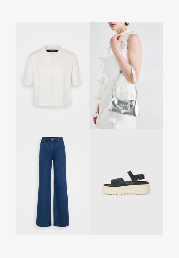 Kratka bijela pletena bluzica s kratkim rukavima, ovratnikom i prednjim dugmadi. Mekana tekstura i slobodan kroj, s blagim sjajem.; Široke plave traperice s visokim strukom, prednjim dugmetom i patent-zatvaračem, te prednjim i stražnjim džepovima na jednobojnoj pozadini.; Crne ante sandale na platformu s debelim bijelim potplatom, širokim prednjim remenom i podesivom kopčom za gležanj. Teksturirani potplat za bolju prionjivost.; Srebrna metalik torbica sa strukturiranim oblikom, s gornjom drškom i detaljem mašne sprijeda. Glatka tekstura, reflektirajući finiš.