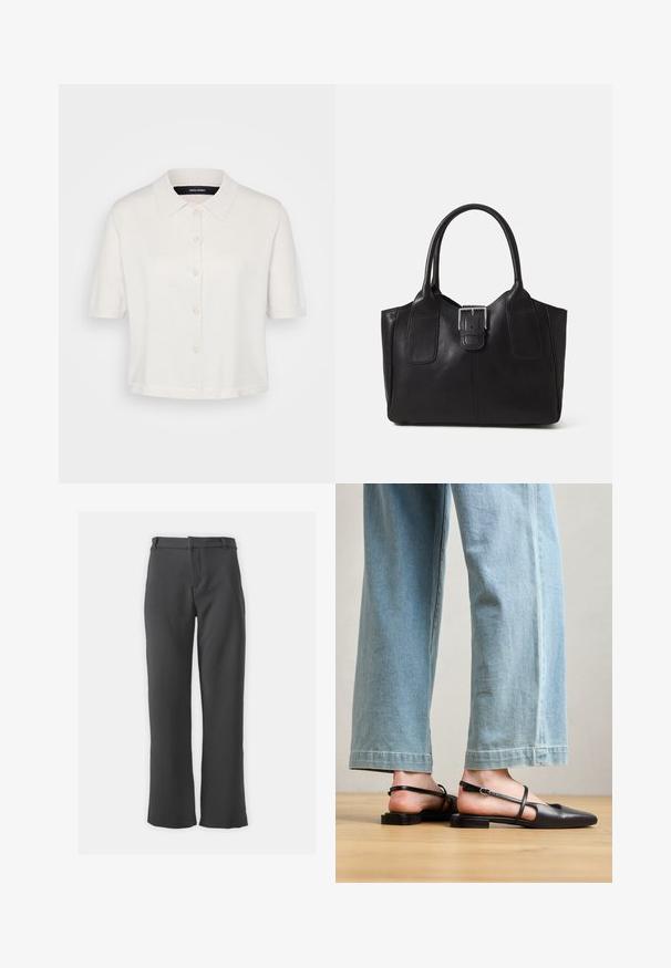 Short-sleeve white knit blouse with a collared neck and button front. Soft texture and a loose fit, featuring subtle sheen.; Dark grey trousers with a straight-leg design, featuring a smooth texture, belt loops, and a front opening with pockets.; Black leather slingback shoes with a pointed toe, flat heel, and ankle strap; worn with light blue wide-leg jeans.; Black leather tote bag with smooth texture, structured shape, two handles, and a prominent silver buckle detail on the front.