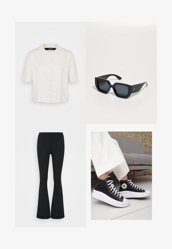 Short-sleeve white knit blouse with a collared neck and button front. Soft texture and a loose fit, featuring subtle sheen.; Black flared pants made of stretchy fabric, featuring a high waistband and a smooth texture. The pants flare out from the knee.; Black canvas high-top sneakers with white rubber soles and laces. Features a circular logo on the side and contrasting white stitching.; Black oversized sunglasses with a geometric design, rectangular lenses, and glossy finish. No visible branding on the front.