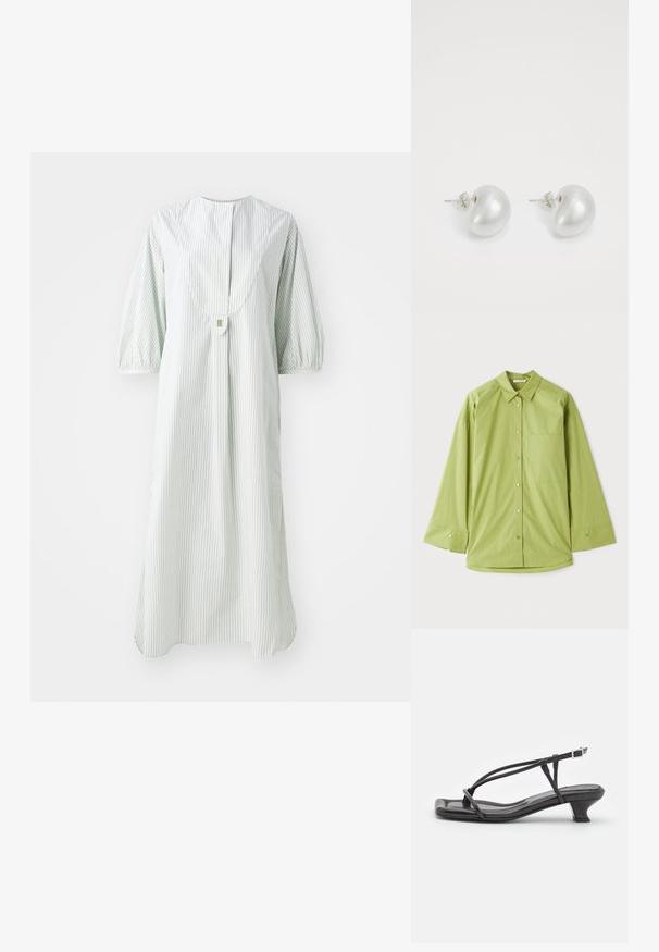 Světle zelená košile na knoflíky s dlouhými rukávy, klasickým límcem, kapsou na hrudi a hladkým, texturovaným materiálem.; Pruhované šaty v světle zelené a bílé barvě, s kulatým výstřihem, krátkými puff rukávy a zapínáním na knoflíky na zádech.; Černé kožené sandály s tenkými pásky, nízkým blokovým podpatkem a čtveratou špičkou. Obsahují přezku a mají hladkou texturu.; Stříbrné perlové naušnice v zakřiveném tvaru fazole. Hladký, lesklý povrch a zajištěné pomocí kolíčku a zajišťovacího uzávěru.