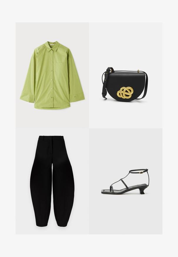 Light green button-up shirt with long sleeves, a classic collar, a chest pocket, and a smooth, textured fabric.; Black wide-leg trousers with a high waist, pleated front, and tapered ankles. Made from smooth fabric with a matte finish.; Black leather sandal with a square toe, thin straps, adjustable ankle strap, and a low heel. Features a small gold accent on the strap.; Black leather handbag with a rounded shape, featuring a large gold decorative knot on the front and an adjustable strap.