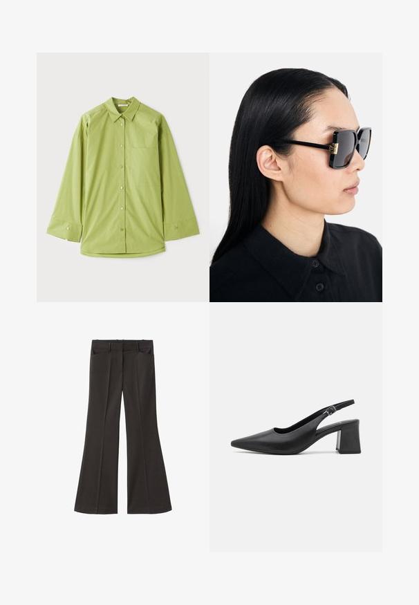 Camicia button-up verde chiaro con maniche lunghe, colletto classico, taschino sul petto e tessuto liscio e strutturato.; Pantaloni neri a zampa d'elefante con vita alta; presentano due tasche frontali e una texture del tessuto liscia. Adatti per varie occasioni.; Scarpa con tacco slingback in pelle nera, con punta appuntita e tacco a blocco chunky. Presenta una tracolla regolabile con fibbia in metallo.; Tory Burch Occhiali da sole - black/dark grey; Borsa a tracolla in suede marrone con doppio manico, chiusura a bottone e una forma rilassata, leggermente morbida.