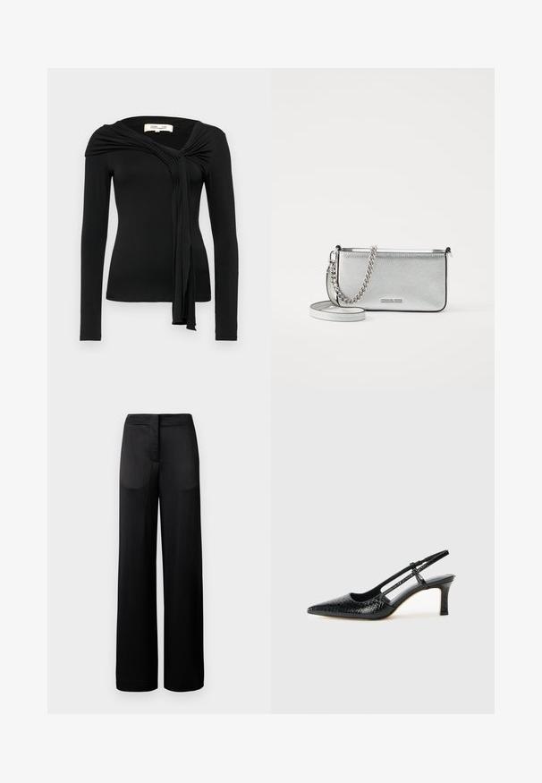 Diane von Furstenberg TWILA czarny; Szerokie czarne spodnie z teksturowanej tkaniny, z płaskim pasem i dwoma kieszeniami po bokach. Materiał wydaje się lekki i zwiewny.; Czarne lakierowane czółenka na obcasie typu slingback z wąskim noskiem, z teksturowanym wzorem wężowym, regulowanym paskiem oraz krótkim, teksturowanym obcasem w kształcie słupka.; Srebrna skórzana torebka na ramię z teksturowanym wykończeniem, akcentami w postaci łańcucha i paska, oraz zamknięciem na zamek. Z przodu znajduje się logo.