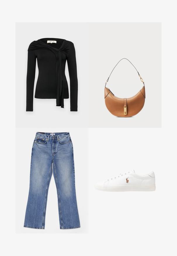 Diane von Furstenberg TWILA - Bluse - black; RE/DONE LOOSE - Jeans Bootcut - hacienda; Hvide lædersneakers, lavtop design, med en glat tekstur, rund tå, snørret front og et lille broderet logo på siden.; Brun læder håndtaske med en buet form, guldbelægning og en tynd skulderrem. Har en lynlåslukning og logo detalje foran.