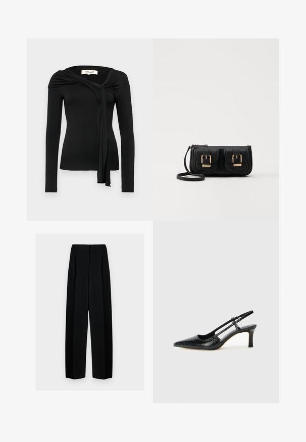 Diane von Furstenberg TWILA - Bluză - black; Pantaloni negri evazați cu talie înaltă, având plisseuri și o textură netedă. Țesătura pare ușoară și se așază elegant.; Pantofi cu toc slingback negri din patent, cu vârf ascuțit, cu imprimeu de șarpe texturat, curea ajustabilă și toc scurt texturat.; Geantă neagră din piele, tip crossbody, cu două buzunare frontale, catarame aurii, închidere cu fermoar și o curea subțire. Suprafață texturată și formă rectangulară compactă.