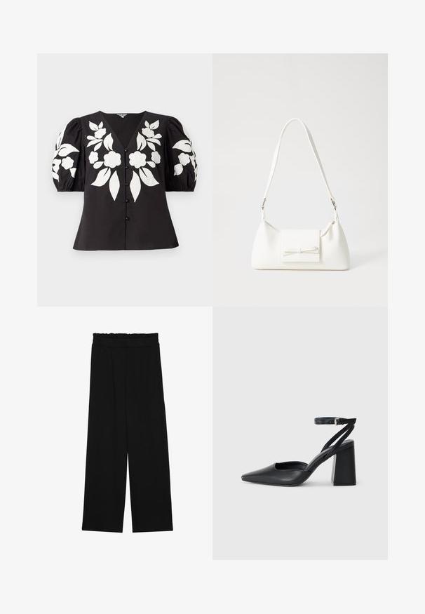 Black blouse with puff sleeves, featuring white floral embroidery and a V-neckline. Five buttons down the front. Smooth fabric texture.; Black wide-leg trousers with a ruffled waistband, featuring two side pockets and a smooth, lightweight fabric. No visible patterns or hardware.; Black leather pointy-toe pump with an ankle strap and a chunky heel. Flat texture, sleek design, and minimalistic aesthetics.; White synthetic handbag with a triangular shape, flat front flap and bow detail, adjustable strap, smooth texture, and minimalistic design.