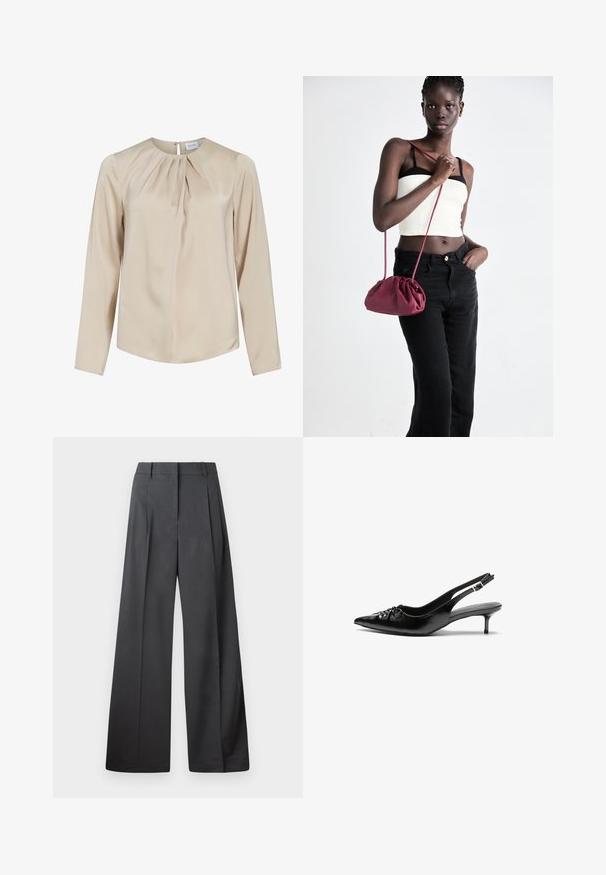 Bež bluzica dugih rukava od glatkog materijala, s okruglim dekolteom, plisiranim detaljima sprijeda i zatvaranjem na dugme straga.; Hlače širokih nogavica u tamnosivoj tkanini, s visokim strukom, jednim naborom i glatkom teksturom s urednim završetkom na rubovima.; Crne kožne sandale na petu s ikkrenim nosom, malom kitten petom i dekorativnom mašnom sprijeda. Glatka tekstura svuda.; Bordo mekani torbeni sakupljenog dizajna s dugom trakicom, nošenom preko tijela. Model nosi bijelu kratku majicu i crne traperice.