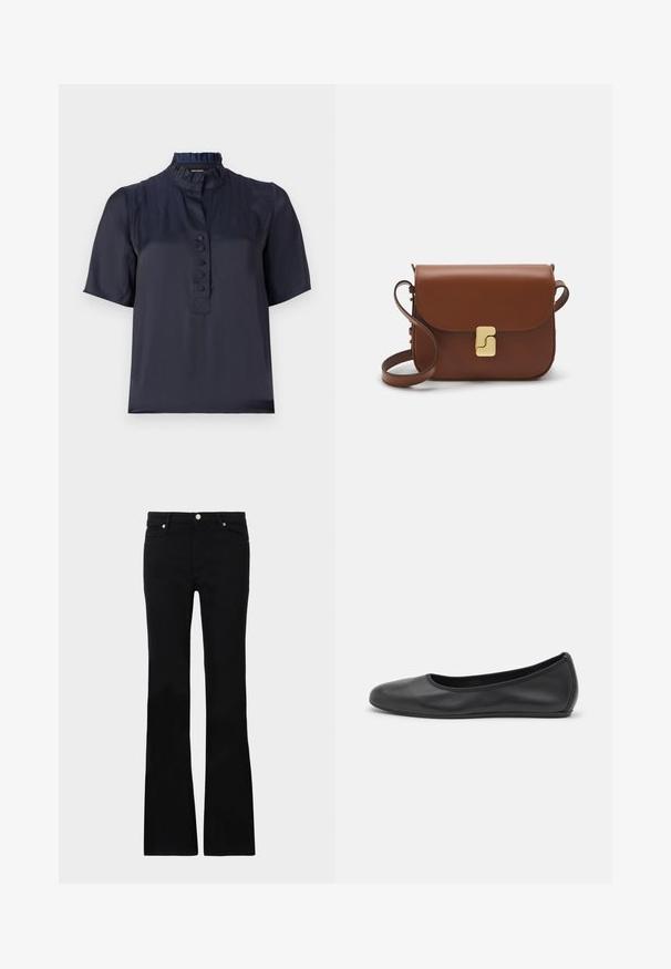 Blusa blu navy a maniche corte con colletto arricciato, pattina con bottoni frontali e tessuto leggero e liscio. Presenta una leggera lucentezza.; T-shirt bianca a maniche corte realizzata in tessuto a costine. Collo rotondo, vestibilità regolare e dettagli di cucitura sottili. Senza motivi o grafiche.; Jeans neri svasati in denim, dotati di due tasche anteriori, chiusura con bottone e una texture liscia. Cuciture iconiche visibili nei punti di giuntura.; Pantofole da balletto nere in pelle con punta arrotondata, texture liscia, dettagli di cucitura minimi e design con suola flessibile.; Borsa a tracolla in pelle marrone con chiusura a pattina, hardware color oro, tracolla e una finitura liscia. Forma rettangolare compatta.