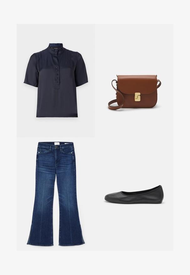 Jūras spēku zilo īso piedurknu blūze ar ruffles apkakli, priekšējo pogu sprādzi un gludu, vieglu audumu. Ievērojama maigā spīdēšana.; Tumši zili zvērīši, izgatavoti no denima. Iespējas augsta jostasvieta, priekšējās kabatas un šķēlumi apakšmalā. Klasisks piecu kabatu dizains.; Melna ādas baleta kurpe ar noapaļotu purngalu, gludu tekstūru, minimālu šuvju detalizāciju un elastīgu zoles dizainu.; Bordo ādas rokas soma ar atloku, zeltītām detaļām, plecu siksnu un gludu virsmu. Kompakta, taisnstūrveida forma.