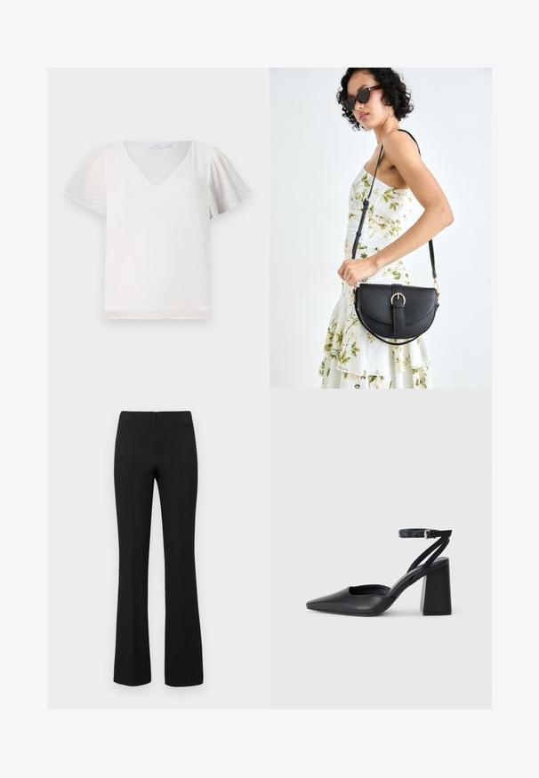 Valge lühikeste varrukatega särk V-kaelusega, millel on tekstuurse täppmustriga ja pehmed, veidi puhvvarrukad. Sile kangas ja lõtv istuvus.; Mustad lõhkedega püksid ribatekstuuriga ja kitsas vöökoht. Disainil on vertikaalsed õmblused, et saavutada voolujooneline välimus. Nähtavaid metallosi ei ole.; Mustmustest must-käigukingad, millel on konksuga nöör ja paks konts. Ühtlane tekstuur, stiilne disain ja minimalistlik esteetika.; Mustmust mustraha kõverate joontega, eemaldatava rihmaga ja kuldsete detailidega. Kotil on klapp, millel on pandladetail.