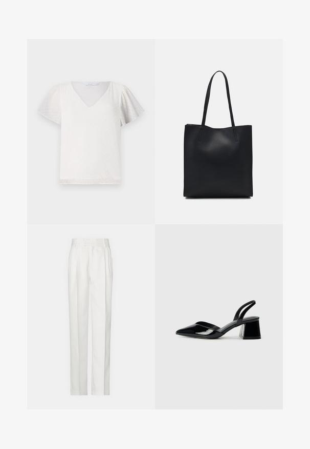 White short-sleeve top with a V-neck, featuring a textured polka dot pattern and soft, slightly puffed sleeves. Smooth fabric and loose fit.; White pinstriped trousers with a straight leg design, made from a lightweight fabric. Features pleats at the front and a traditional waistband.; Black patent leather slingback heels with a pointed toe and a geometric block heel. Features a sleek, minimal design and smooth texture.; Black leather tote bag with smooth texture, rectangular shape, and two long handles. No visible hardware or embellishments.