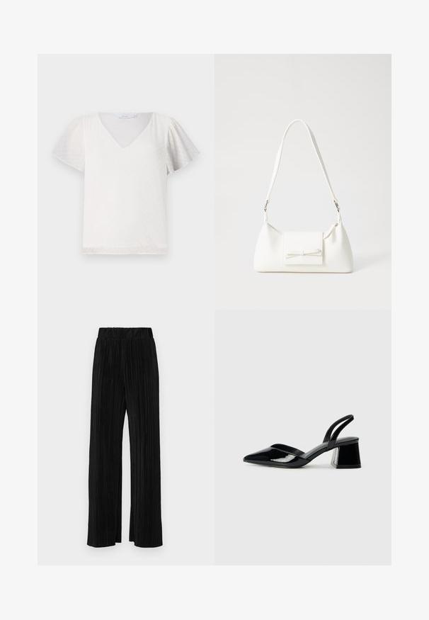 Top branco de manga curta com decote em V, apresentando um padrão texturizado de bolinhas e mangas ligeiramente volumosas. Tecido suave e corte solto.; Calças pregueadas pretas com uma cintura elástica. Apresentam pernas largas e um tecido liso, texturizado com riscas verticais.; Sandy em verniz preto com salto slingback, ponta afilada e salto geométrico. Apresenta um design elegante e minimalista com textura suave.; Mala sintética branca com formato triangular, aba frontal plana e detalhe de laço, alça ajustável, textura suave e design minimalista.