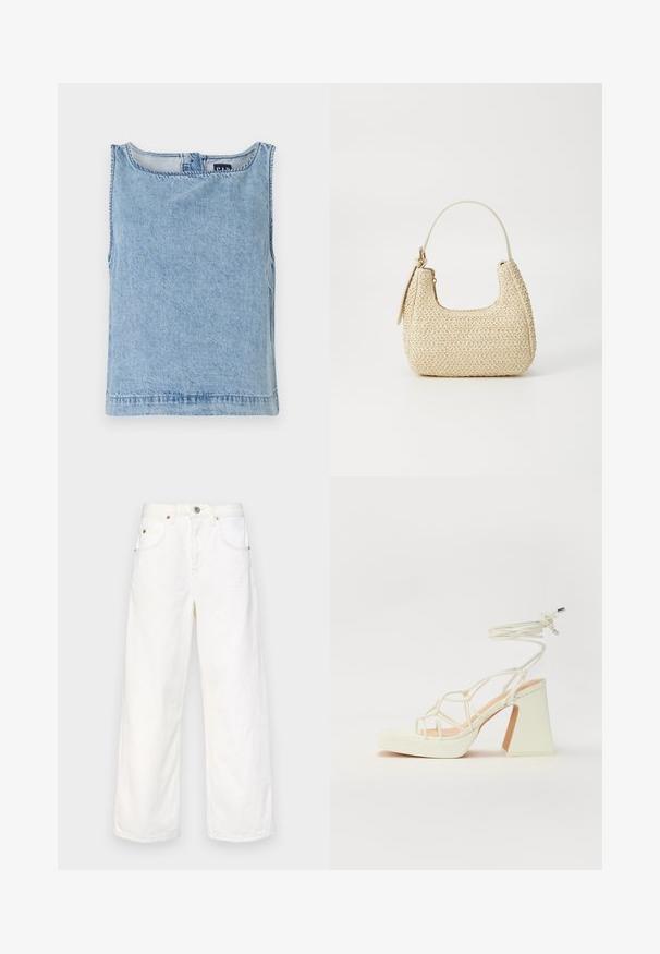 Világoskék farmer ujjatlan felső kerek nyakkivágással, egyenes fazonnal és látható varrással. Minimalista dizájn, további minták nélkül.; Fehér, széles szárú farmernadrág magas derékkal, két elülső zsebbel és fém díszítéssel. Tiszta vonalvezetés és minimális részletek jellemzik.; Fehér, magassarkú szandál vastag sarokkal, pántos dizájnnal és bokapánttal. Sima textúra, elülső platformmal a megnövelt magasság érdekében.; Bézs színű, fonott szalmakézitáska ívelt formával, rövid fogantyúval és oldalsó cipzárral. Texturált felülettel és minimalista dizájnnal rendelkezik.