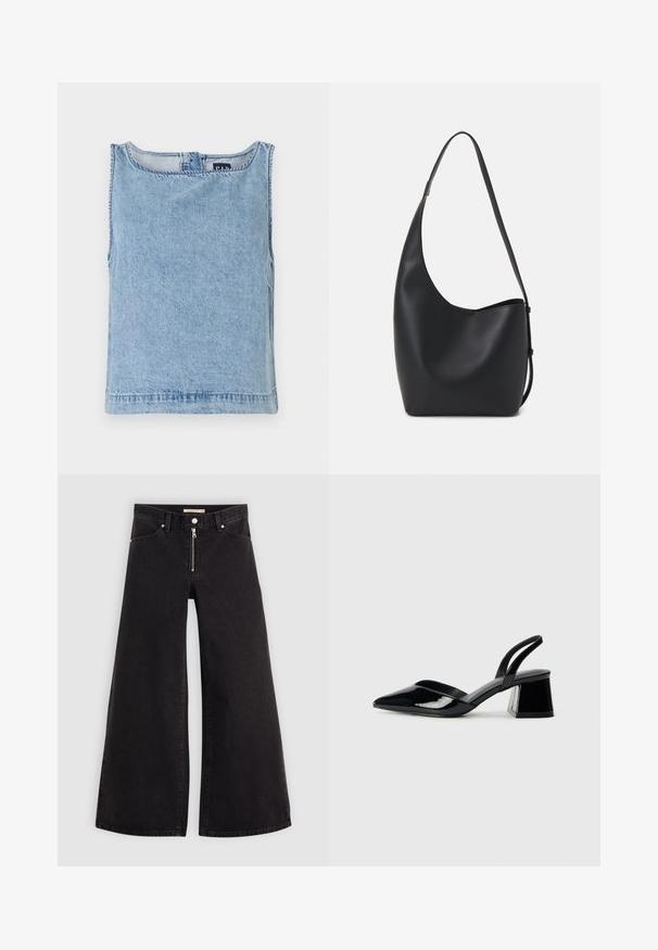 Svijetloplava traper bezrukava majica s okruglim izrezom, ravnog kroja i vidljivim šavovima. Minimalistički dizajn bez dodatnih uzoraka.; Široke traperice od crnog denima s prednjim zatvaračem, dizajnom s pet džepova i suptilnim detaljima šivanja. Glatka tekstura i ležeran stil.; Crne lakirane kožne sandale s otvorenom petom i špicastim vrhom, s geometrijskom blok petom. Imaju elegantan, minimalistički dizajn i glatku teksturu.; Crna kožna hobo torba s glatkom teksturom, zakrivljenim oblikom i jednom podesivom trakicom; ima širok otvor na vrhu.