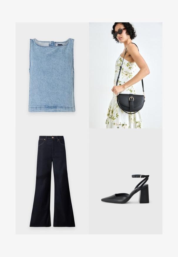 Light blue denim sleeveless top with a round neckline, straight cut, and visible stitching. Minimalistic design with no additional patterns.; Dark blue wide-leg jeans made of denim. Features include a front button closure, copper hardware, and contrast stitching along the seams.; Black leather pointy-toe pump with an ankle strap and a chunky heel. Flat texture, sleek design, and minimalistic aesthetics.; Black leather handbag with a curved shape, detachable strap, and gold hardware. The bag features a flap with a buckle detail.