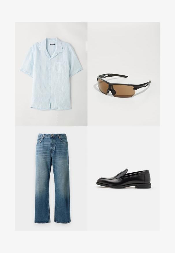 Light blue short-sleeve button-up shirt made of linen, featuring a chest pocket, notched collar, and a relaxed fit with straight hem.; White cotton t-shirt with short sleeves, crew neck, and subtle Levi's logo printed in the center. Soft texture and standard fit.; Light blue wide-leg jeans with a faded wash, featuring single-button closure, five pockets, and contrasting stitching.; Black leather loafers with a smooth texture, rounded toe, and a decorative strap across the vamp. Low stacked heel, minimalist design.; Sport sunglasses with a black frame, brown tinted lenses, and textured black accents on the temples. Lightweight and aerodynamic design.