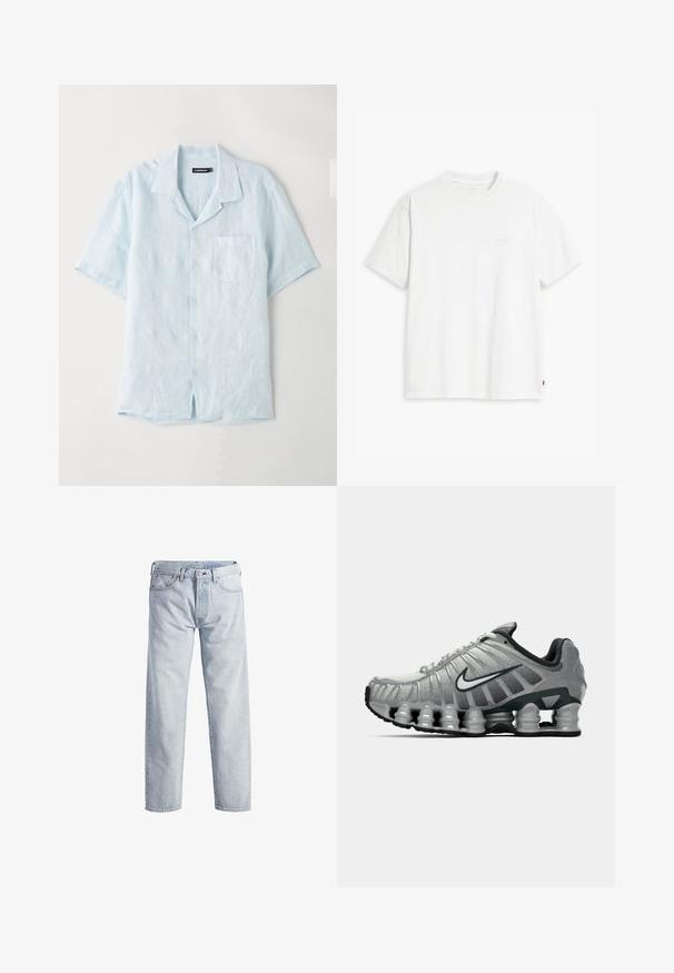 Svetlomodrá kratká rukávová košeľa na gombíky vyrobená z ľanu, s náprsníkovou vreckom, vykrojeným golierom a uvoľneným strihom so rovnými okrajmi.; Biely bavlnený tričko s krátkymi rukávmi, okrúhlym výstrihom a jemným logom Levi's potlačeným v strede. Mäkčená textúra a štandardný strih.; Svetlo modré džíny z denimu so strihom rovného nohavice, so zapínaním na gombíky, piatimi vreckami a jemným efektom blednutia. Obsahuje kovové prvky.; Sivé a čierne bežecké topánky Nike s viditeľným odpružením podobným pružine pod podrážkou a bielym logom swoosh na boku.