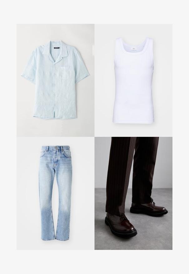 Cămașă scurtă cu mânecă din in, de culoare albastru deschis, având un buzunar pe piept, guler cu colțuri și o croială lejeră cu tiv drept.; Top din bumbac alb fără mâneci, cu un decolteu rotund, având o textură netedă și o formă ajustată, conceput pentru purtarea casual.; Jeans din denim de culoare bleu deschis, cu croială dreaptă. Prezintă un design cu cinci buzunare, fermoar cu nasturi și o textură estompată spre partea de jos.; Pantofi din piele maro, cu șiret, având un finisaj lucios, talpă din cauciuc negru și o cusătură subtilă. Purtați cu pantaloni maro cu dungi.
